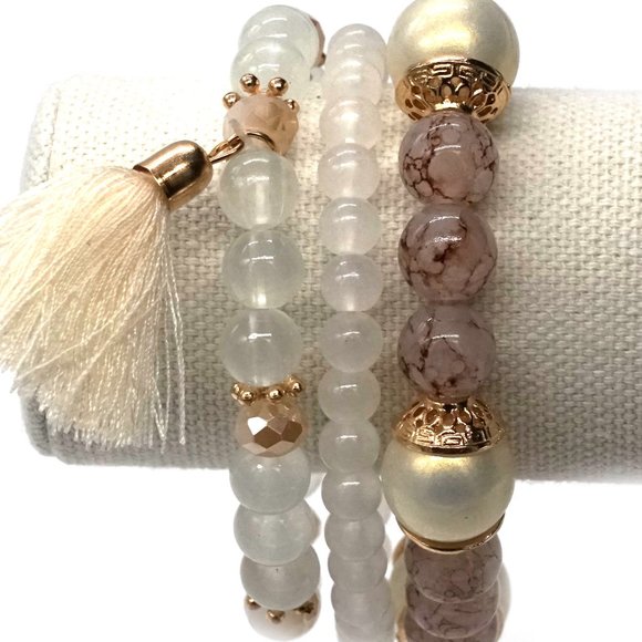 Bracelet Three Strands Stretch White Tan Tassel Bead Caps. - Picture 2 of 2